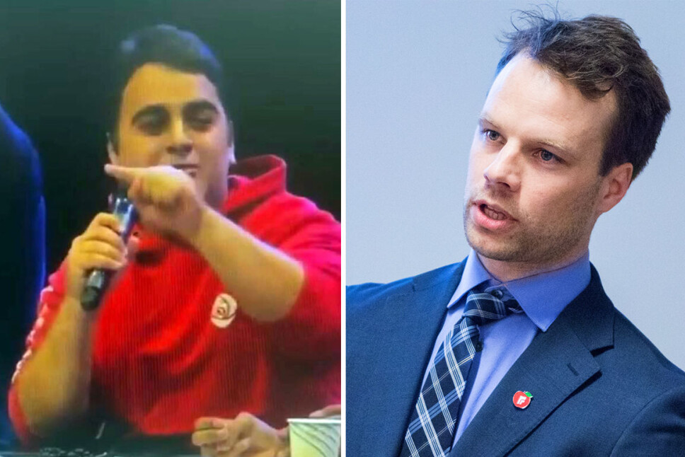 TOK MUNNEN FOR FULL: Bystyrerepresentant for Arbeiderpartiet i Drammen og AUF-leder i Buskerud Rutkay Sabri (22) (t.v.) overfor Jon Helgheim.