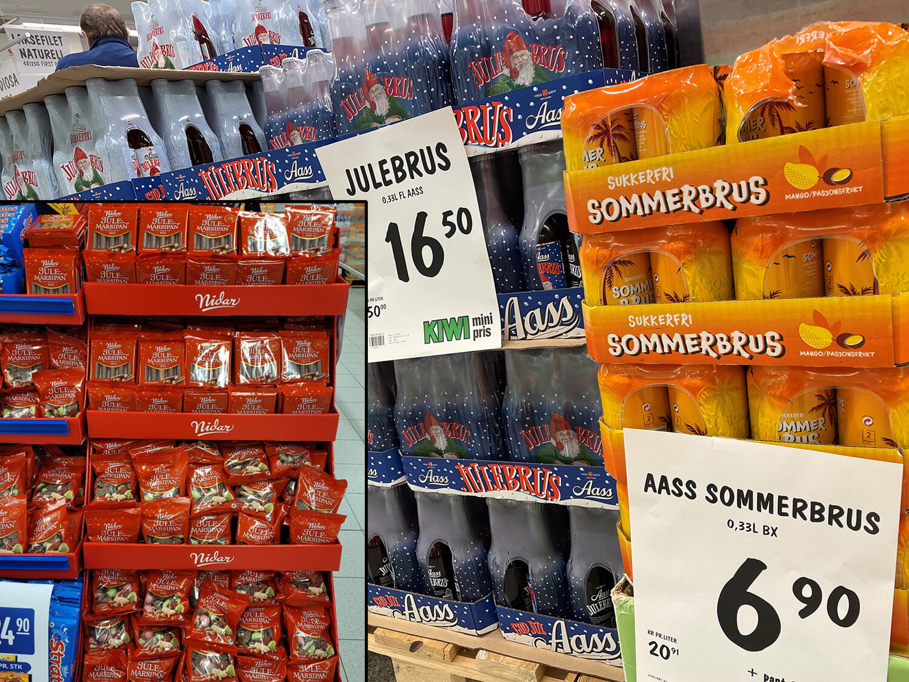 O' HELLIGE JUL: Julemarsipan, julebrus - og sommerbrus på tilbud. Her fra henholdsvis Rema og Kiwi i Drammen.