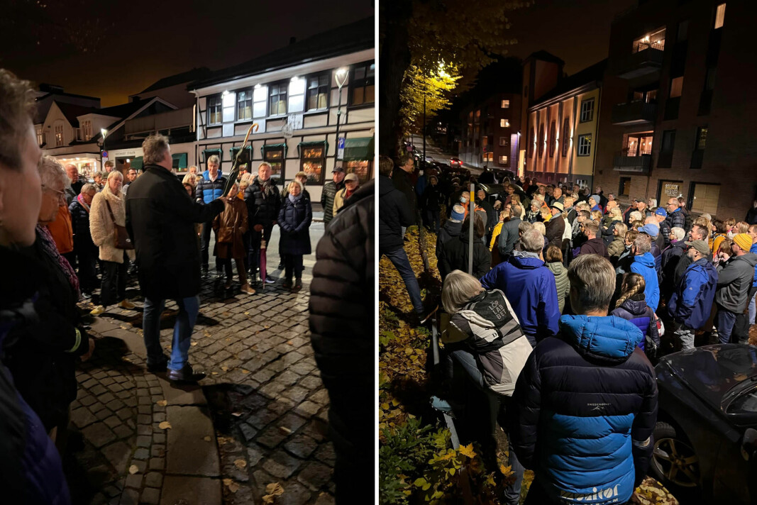 FOLKEVANDRING: For to uker siden møtte 70 personer opp. Torsdag kom over 130 for å høre Odd Myklebusts levende beretninger fra okkupasjonstiden i Drammen gjennom sentrumsgatene.