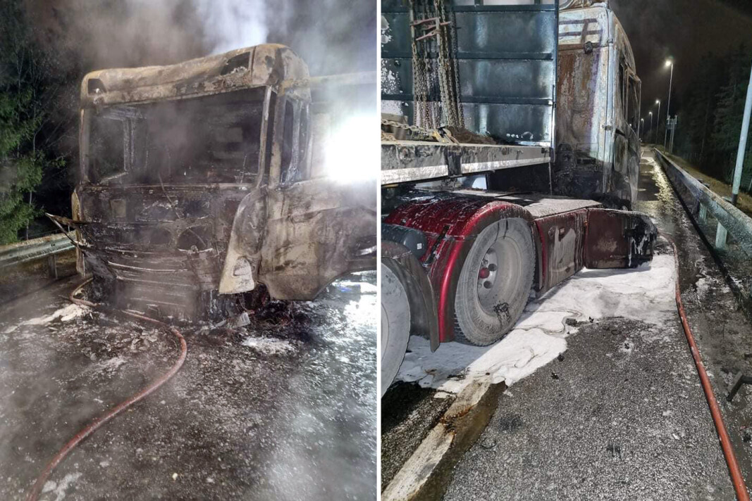 UTBRENT: Lastebilen stod i full fyr før brannvesenet fikk slukket brannen. UTBRENT: Lastebilen stod i full fyr før brannvesenet fikk slukket brannen.