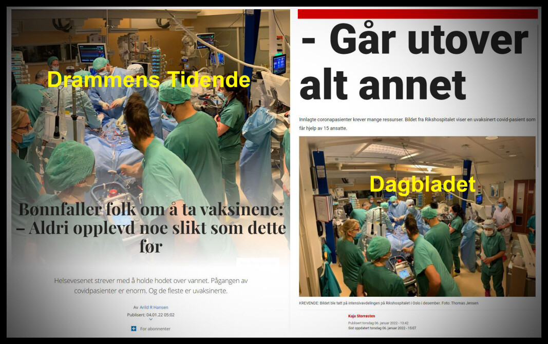 FÅR KRITIKK: Omstendighetene rundt dette bildet, som viser 13 sykehusansatte rundt en coronapasient, er en ganske annen enn man kan få inntrykk av. Ifølge sykehuset er bildet brukt i en «annen kontekst enn den originale». FÅR KRITIKK: Omstendighetene rundt dette bildet, som viser 13 sykehusansatte rundt en coronapasient, er en ganske annen enn man kan få inntrykk av. Ifølge sykehuset er bildet brukt i en «annen kontekst enn den originale».
