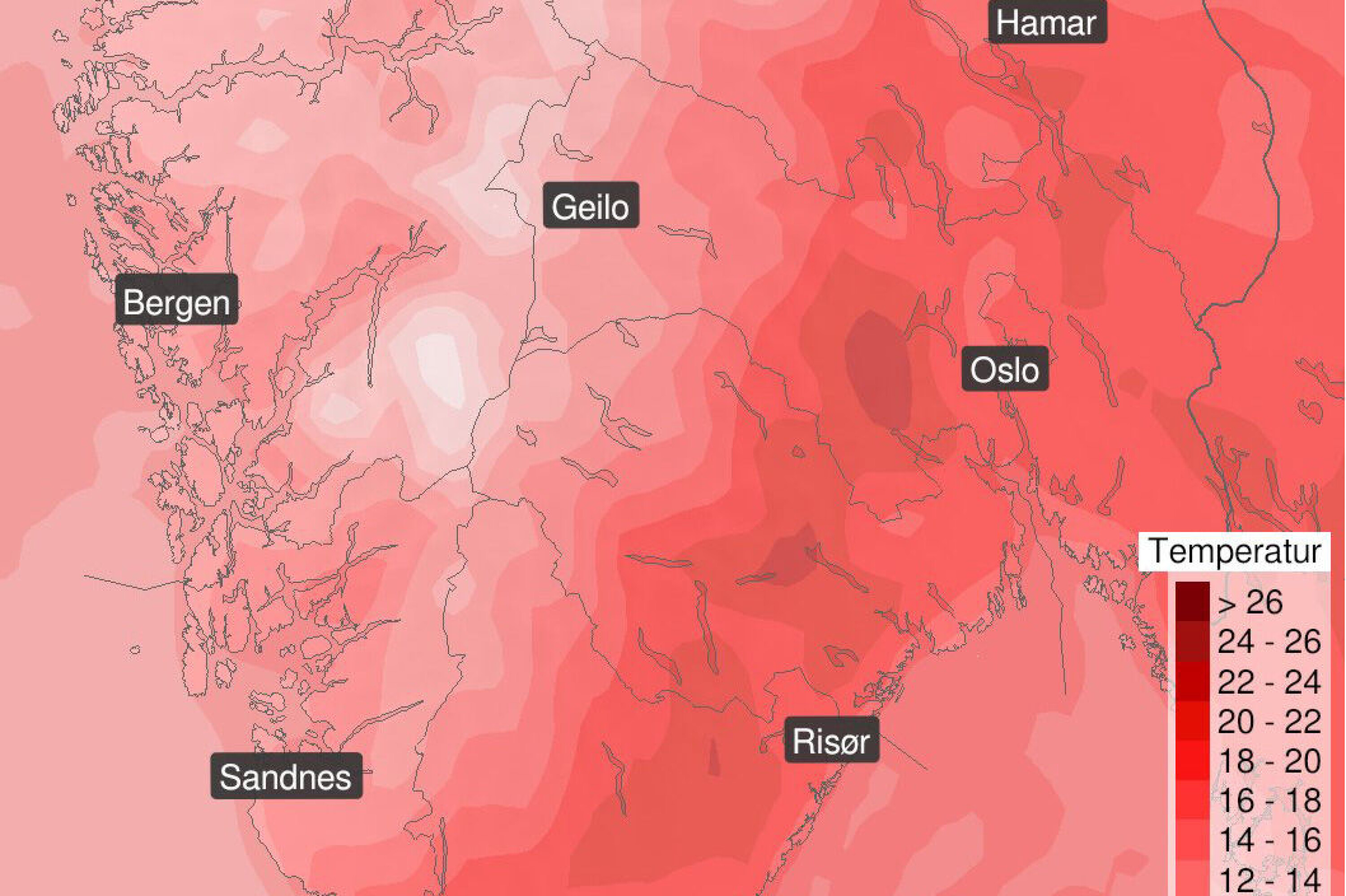 VARMEST I DRAMMEN: Som kartet viser, er det, ikke unormalt, drammensområdet som får det varmeste været lørdag.