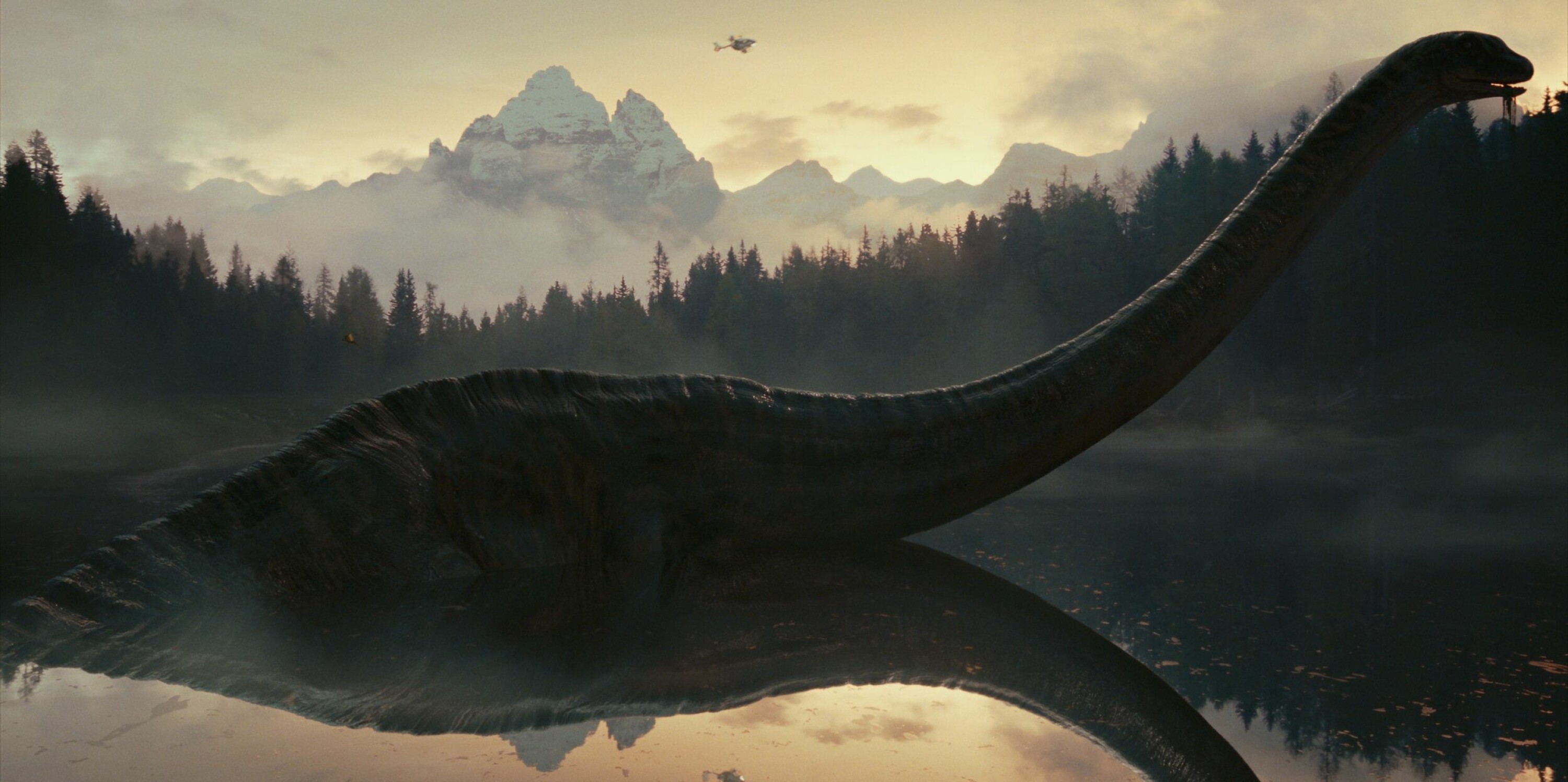 Et av mange storslåtte bilder med gigantiske dinosauruser som poserer foran imponerende kulisser i bakgrunnen