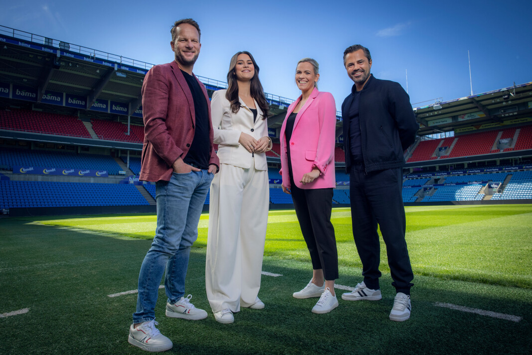 Andreas Hagen, Ingrid Halstensen, Carina Olset og Jan-Henrik Børslid er noen av profilene som skal jobbe med fotball-EM for NRK og TV 2. Foto: Julia Marie Naglestad/NRK/TV 2 Andreas Hagen, Ingrid Halstensen, Carina Olset og Jan-Henrik Børslid er noen av profilene som skal jobbe med fotball-EM for NRK og TV 2. Foto: Julia Marie Naglestad/NRK/TV 2