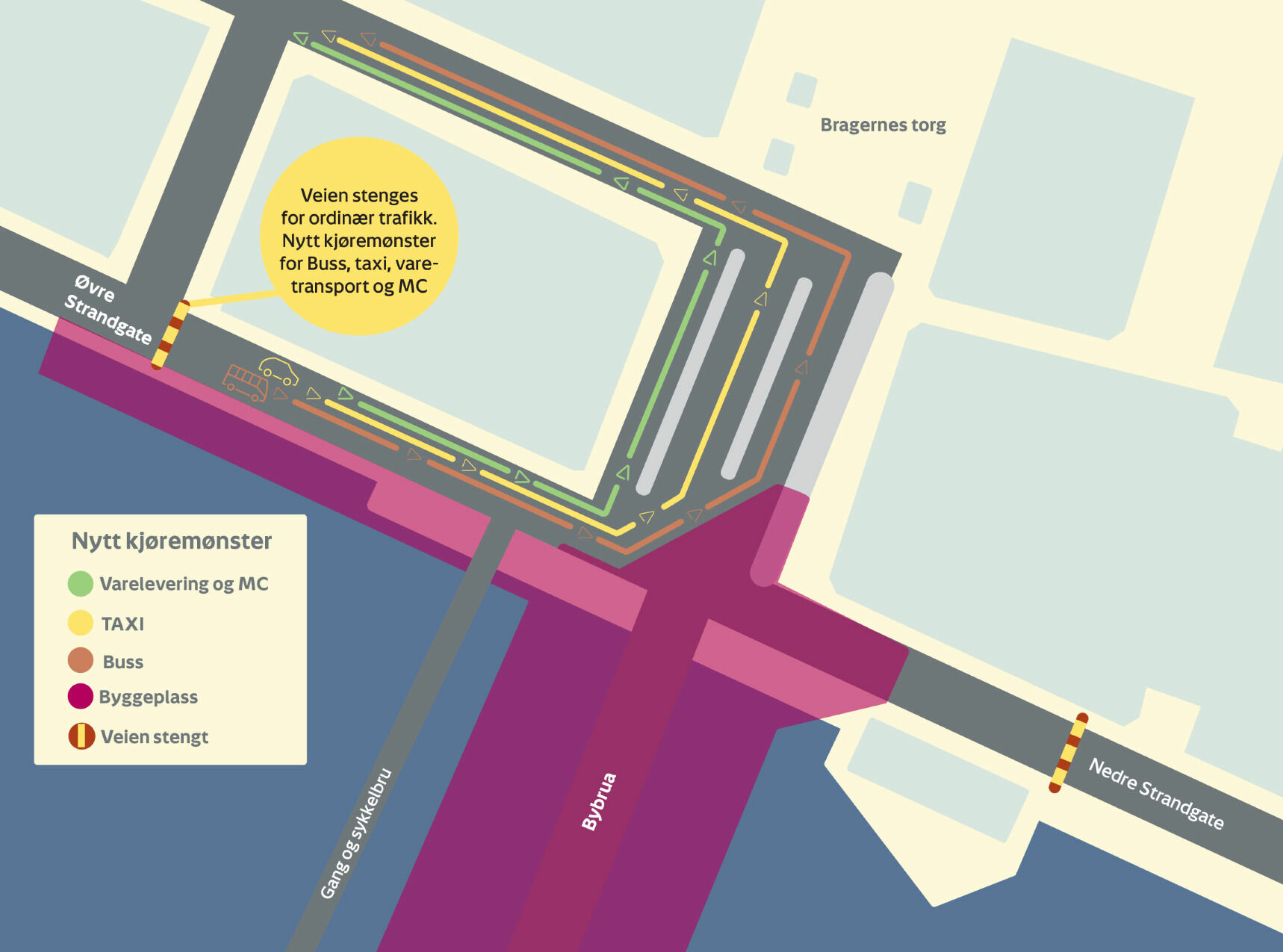 KART: Slik blir trafikkavviklingen rundt bybrua/Bragernes Torg de neste årene.