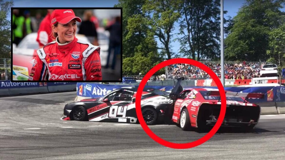 VOLDSOMT SAMMENSTØT: Her treffer Molly Pettit konkurrenten Stephan Høyer bakfra og sidelengs på vei inn mot svingen under det danske racerbilløpet Danish Thundersport Championship (DTC) i Aarhus lørdag 23. mai.