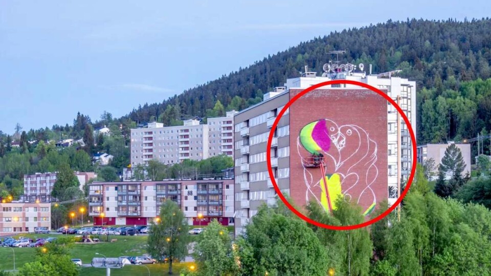 BLIKKFANG: Graffiti-kunstverket ruver i landskapet, og gir nytt liv til en ellers grå blokk-fasade.