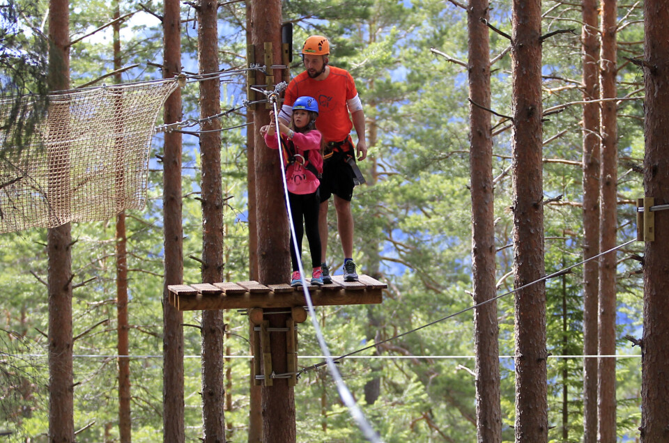 DREAMTEAM: Viktoria (8) og pappa Andreas samarbeidet godt og koste seg oppe i tretoppene.