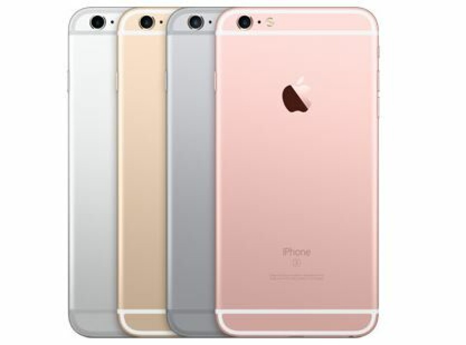 FIRE FARGER: Den nye iPhone 6s kommer i fargene sølv/hvit, gull/hvit, grå/sort og rosa/hvit.FOTO: APPLE