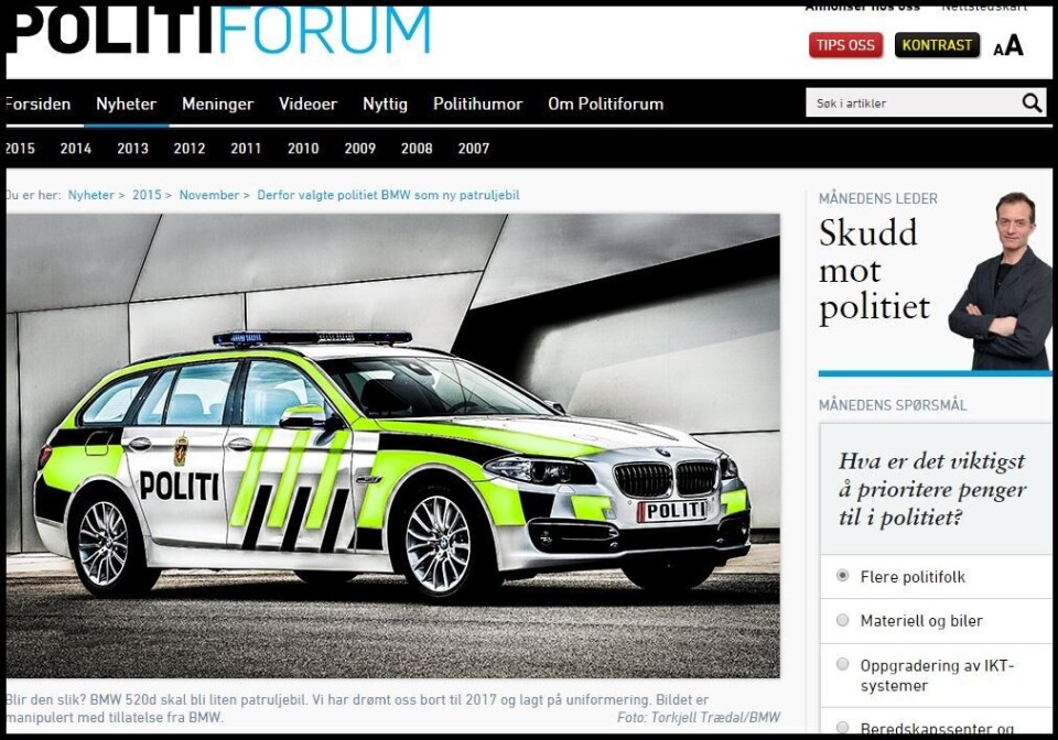 SLIK KAN DEN BLI: Politiforum har laget en illustrasjon av BMW 520D i politibekledning.FAKSIMILE: POLITIFORUM.NO