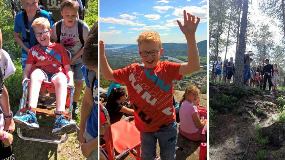 TOPP-JUBEL: Endelig fikk Sondre (13) oppleve Knabben etter å ha blitt bært til topps av kompisene.