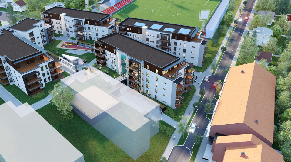 BYGGETRINN 3: Det er planlagt fem byggetrinn på Stadionkvartalet i Mjøndalen. Byggetrinn en; de to byggene nærmest Isachsen Stadion, og byggetrinn to; bak til venstre for byggetrinn en, er ferdigstilt. Nå starter arbeidet med byggetrinn tre; rett bak og til høyre for byggetrinn en. ILLUSTRASJON: DIAKRIT