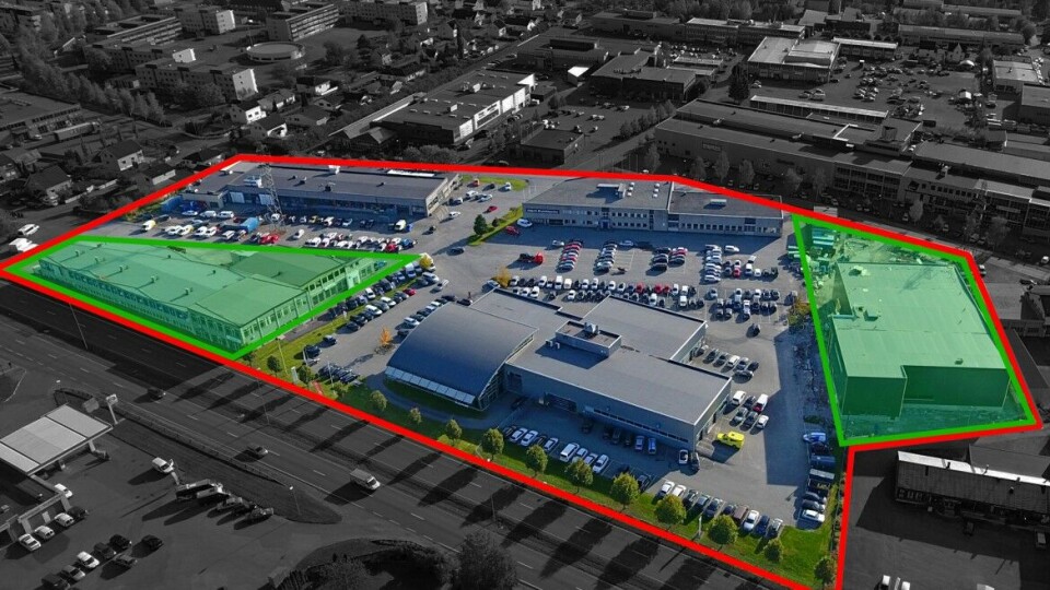 UTVIDER: Tomta til Albjerk Bil mellom Rosenkrantzgata og Ingeniør Rybergs gate blir enda større, med nyoppført Skoda-bygg til høyre og overtagelsen av Tuna-bygget til venstre i bildet. I forgrunnen ligger Audi-lokalene, mens bruktbilsenter og bilskadesenter ligger bak i bildet.