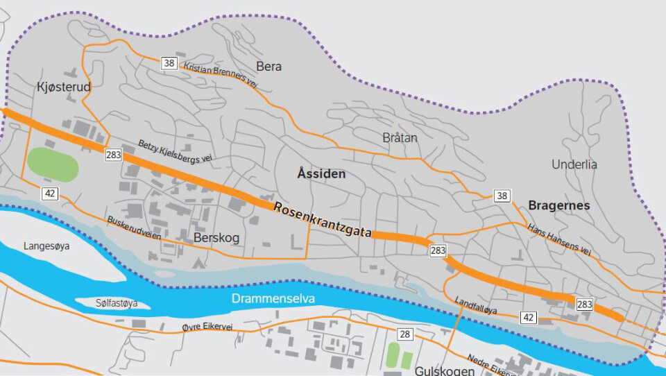 SKAL BLI KOLLEKTIVTRASÉ: På strekningen fra travbanen til Bragernestunnelen skal bilistene måtte greie seg med et felt i hver retning. GRAFIKK: STATENS VEGVESEN