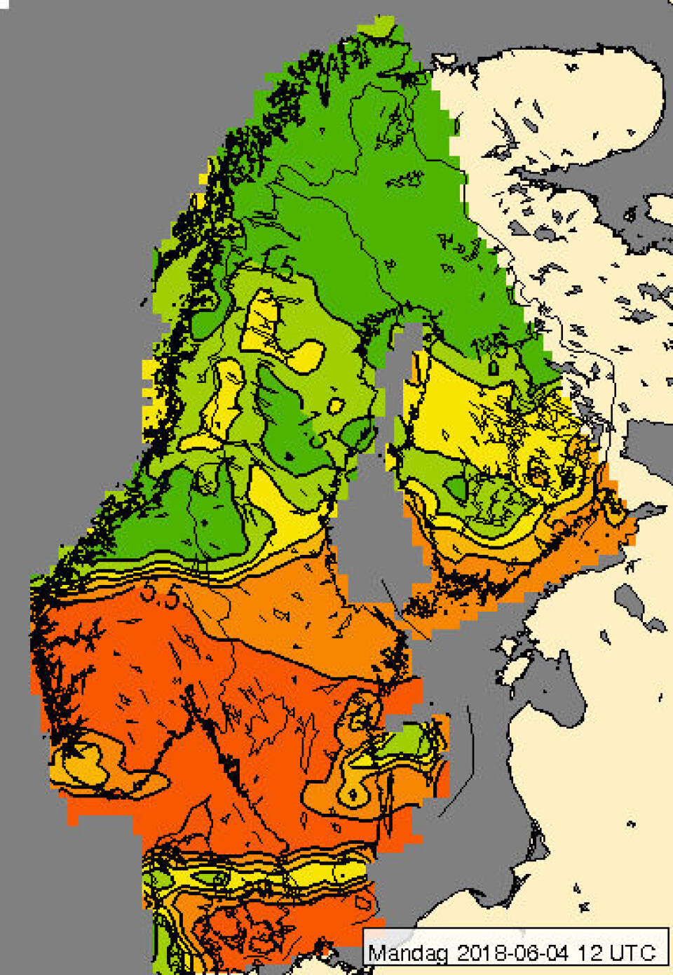 RØDT I SØR: UV-strålingen er sterkest fra sørlandet - Trøndelag. (GRAFIKK: YR.NO)