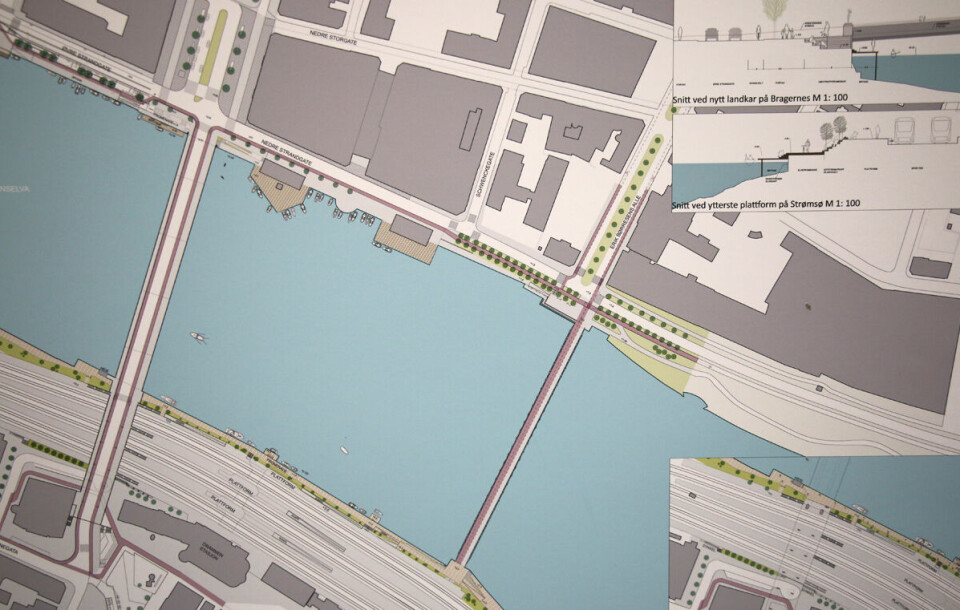 TEAM 3: En enklere bybru med opplyste søyler og et forlenget Strømsø torg, og en transparent gang- og sykkelbru fra promenade til promenade.