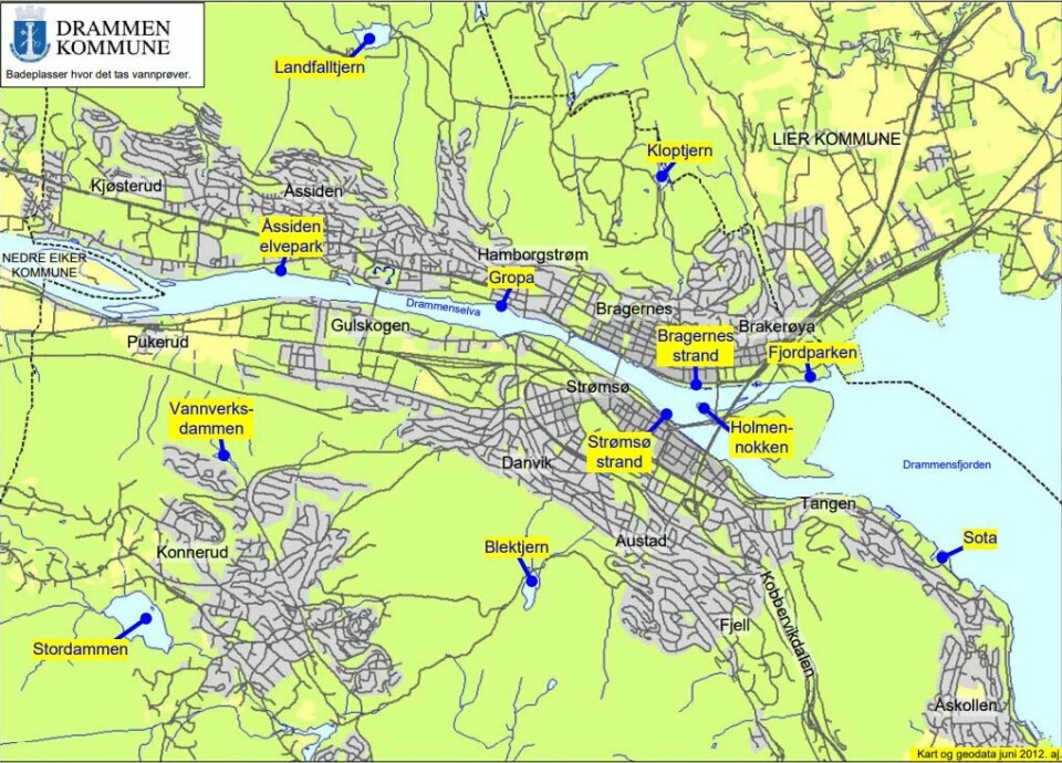 KART: Her er en oversikt over hvor kommunen måler verdier og temperaturer. (SKJERMDUMP: DRAMMEN KOMMUNE)