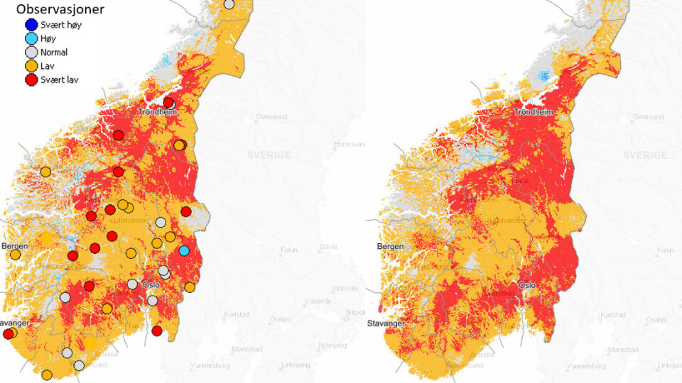 PROGNOSER: Bildet til venstre viser dagens situasjon, mens bildet til høyre er prognoser en uke frem i tid.