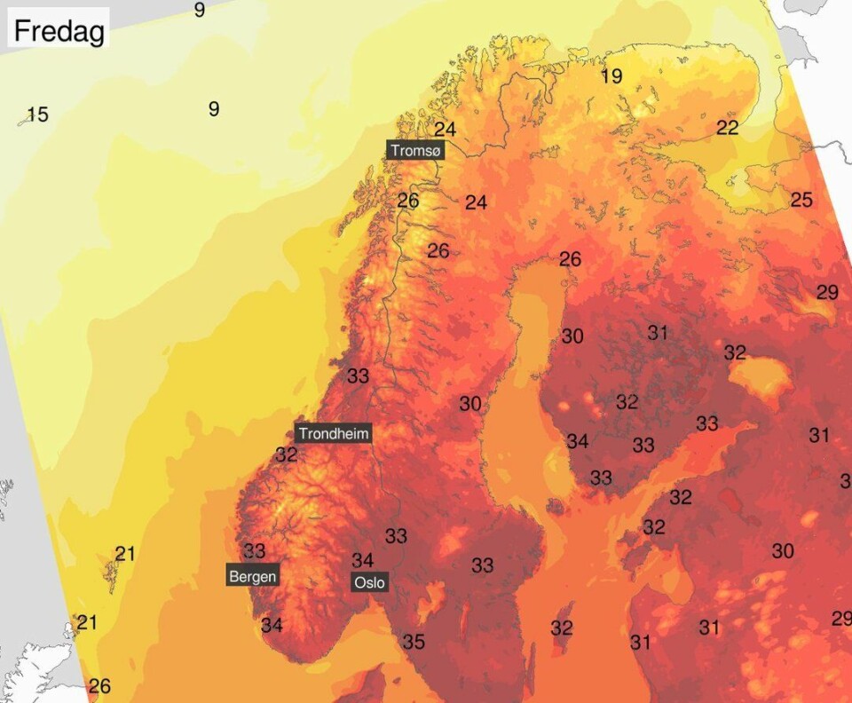 ÅRETS VARMESTE DAG: Fredag skal ifølge meteorologene slå alle varmerekorder hitttil i år. (FOTO: METEOROLOGISK INSTITUTT)
