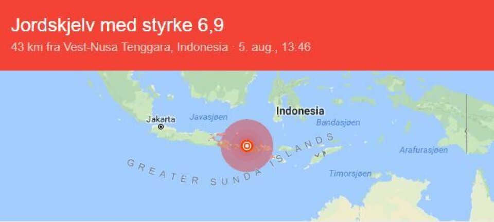FERIEPARADIS: Jordskjelvet inntraff mellom øya Lombok og ferieparadiset Bali. (GRAFIKK: GOOGLE)