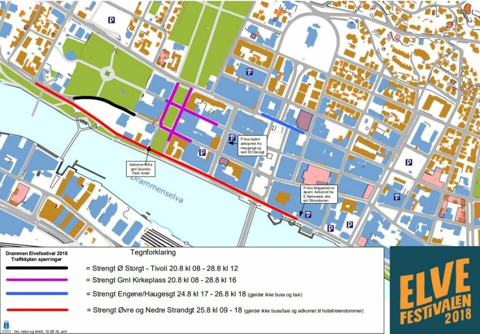 OVERSIKT: Dette skjer med sentrumsgatene i dagene som kommer. (GRAFIKK: DRAMMEN KOMMUNE)