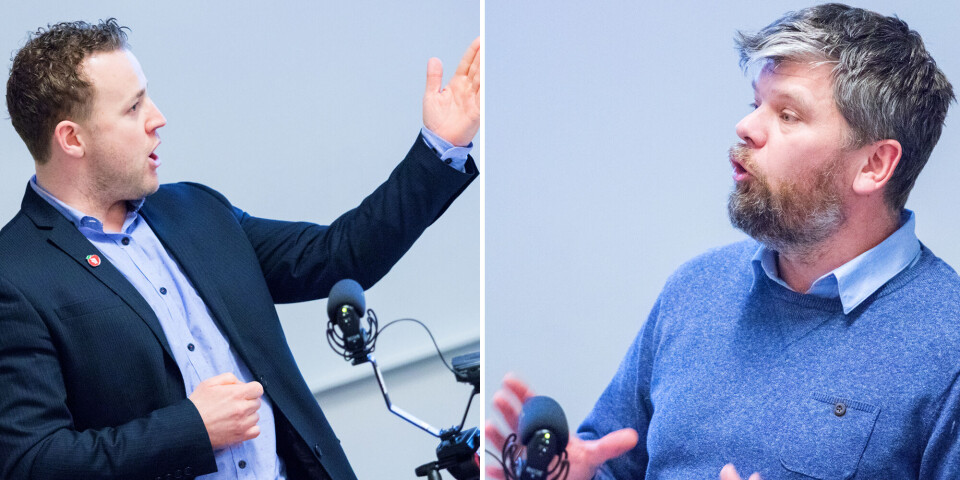 TIL FRONTALANGREP: Frp's Lavrans Kierulf (t.v.) sier at partiet vil kjempe med nebb og klør mot holdningene til Ståle Sørensen (t.h.).