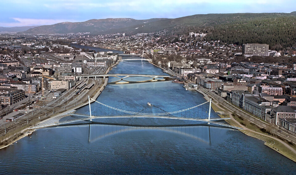 NYE BRUER: Brobyen Drammen sett fra løuften slik den kan bli med ny bybru og ny gangbru nedtrøms.