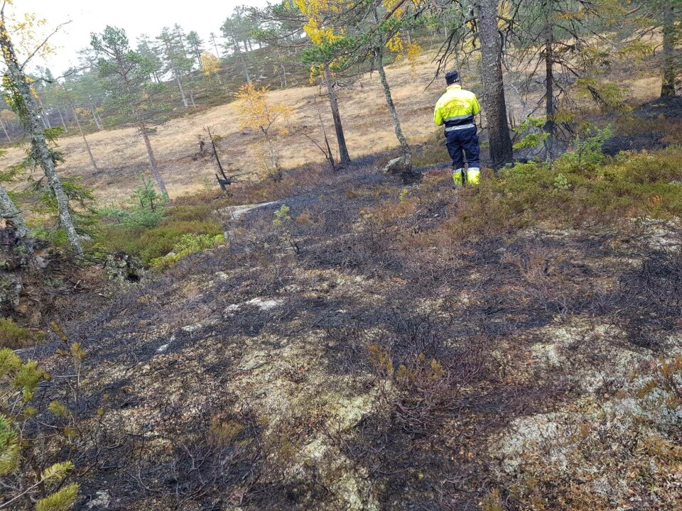 FINNEMARKA TIRSDAG: Her ved Nykjua i Lier kontrollerer brannvesenet at brannen ikke blusser opp igjen.