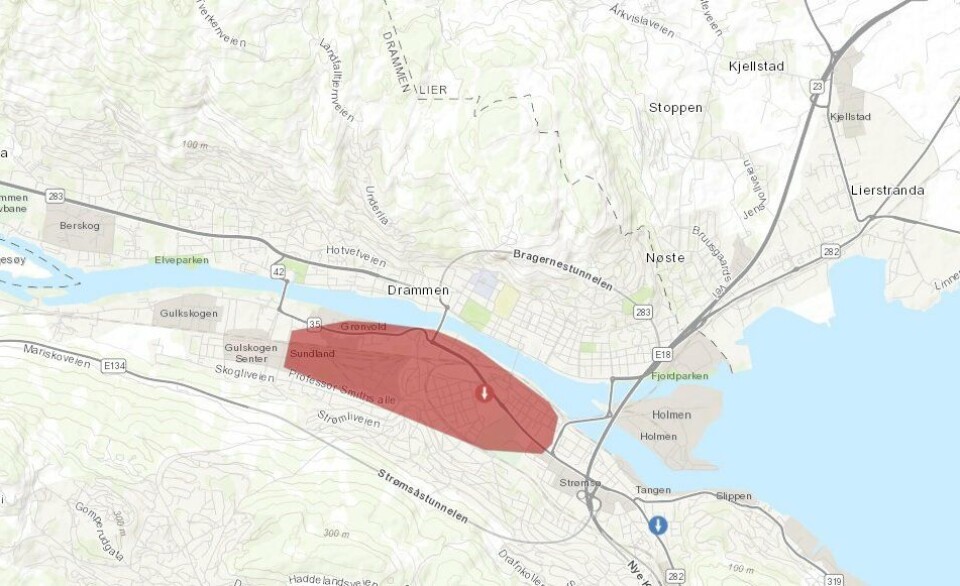 MØRKLAGT: Ifølge Glitres interaktive kart ble også Sundland og deler av Gulskogen mørklagt i strømbruddet. (FOTO: SKJERMBILDE)