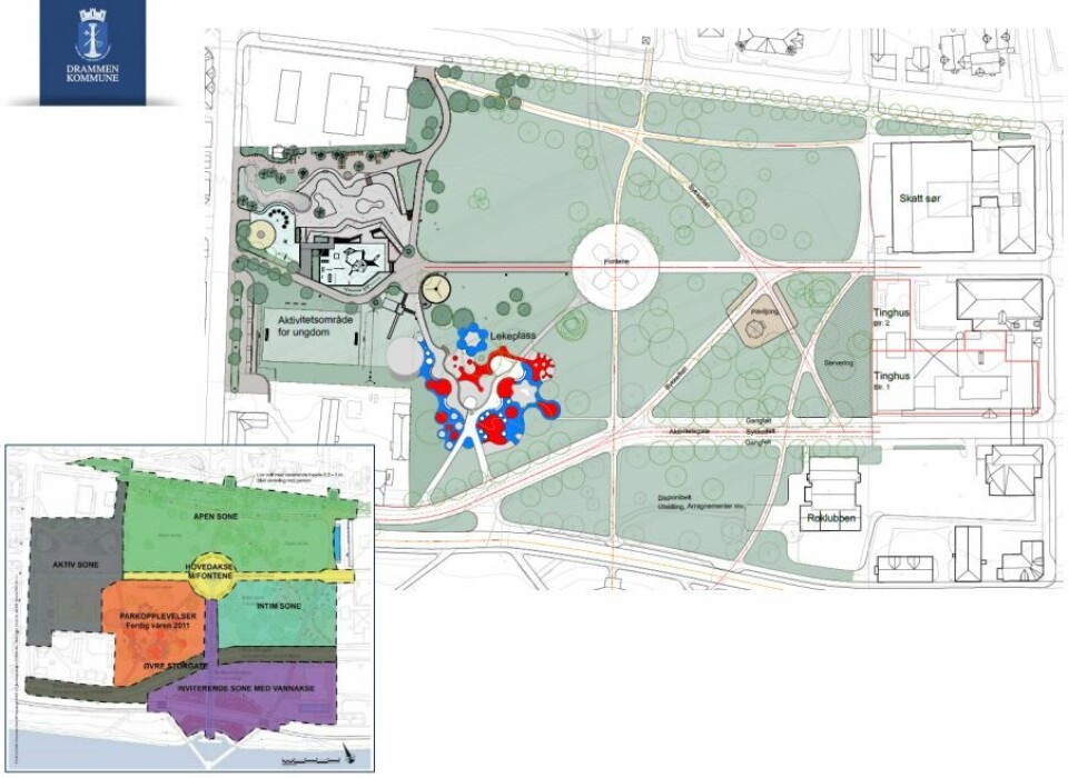 STORE PLANER: Slik så plantegningene ut i 2017. I parken finnes det allerede lekeplass for de minste, og et aktivitetsområde for ungdom. (FOTO: DRAMMEN KOMMUNE)