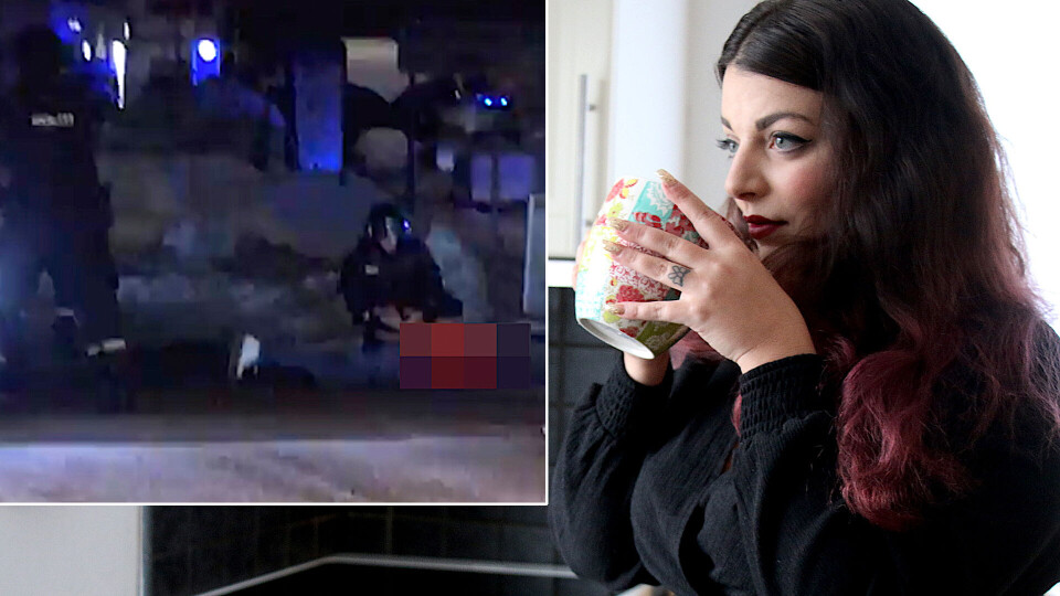 SKREMT: DRM24 besøkte Sandra hjemme i leiligheten på Øren søndag. Innfeltbildet viser pågripelsen av gjerningsmannen der Sandra gjemte seg.