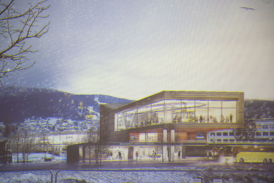MARIENLYST: Slik vil stasjonen på Strømsø se ut. Gondolene vil ta av fra andre etasje for å få nødvendig høyde over hustakene. (ILLUSTRASJON: NILS TVEIT ARKITEKTER)