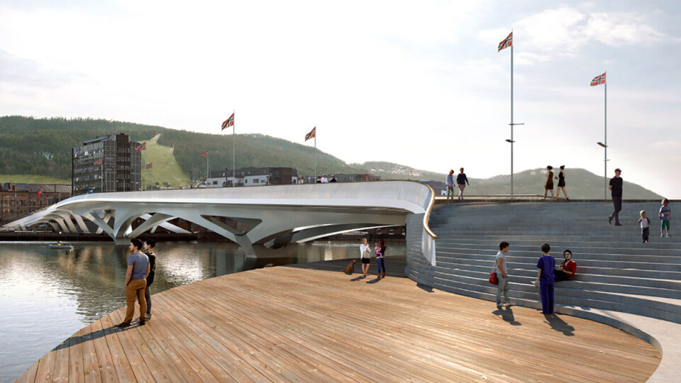 FORSLAGET: Dette er utgangspunktet for ny bybru sett mot Strømsø. (ILLUSTRASJONER: DRAMMEN KOMMUNE / ARKITEKTENE)
