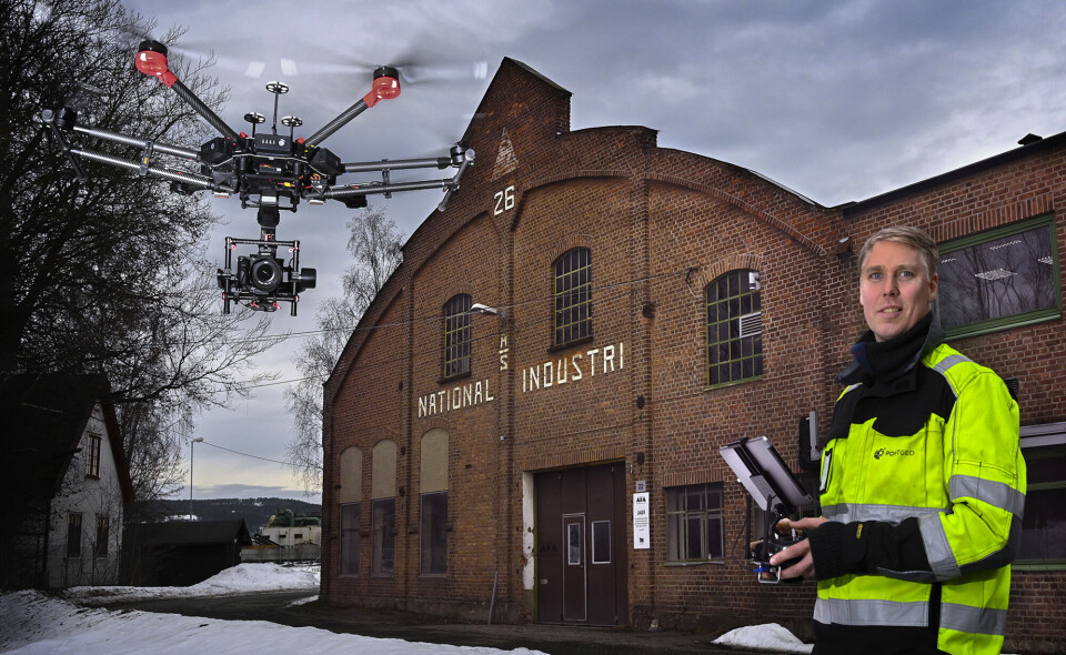 DOKUMENTERER: Tomas Fritsvold og kollegene i PointGeo har i vinter fotografert med droner og registrert de gamle byggene til National Industri på oppdrag fra prosjektorganisasjonen til Helse Sør-Øst RHF.