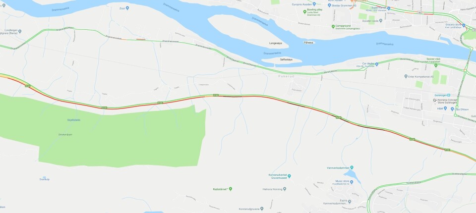 KØ: Trafikkartet lyser rødt på E134 fra Ytterkollen til Drammen.