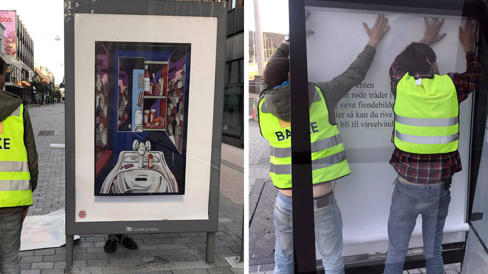 STUNT: Her er aksjonistene i sving med reklamemontére i Drammen.