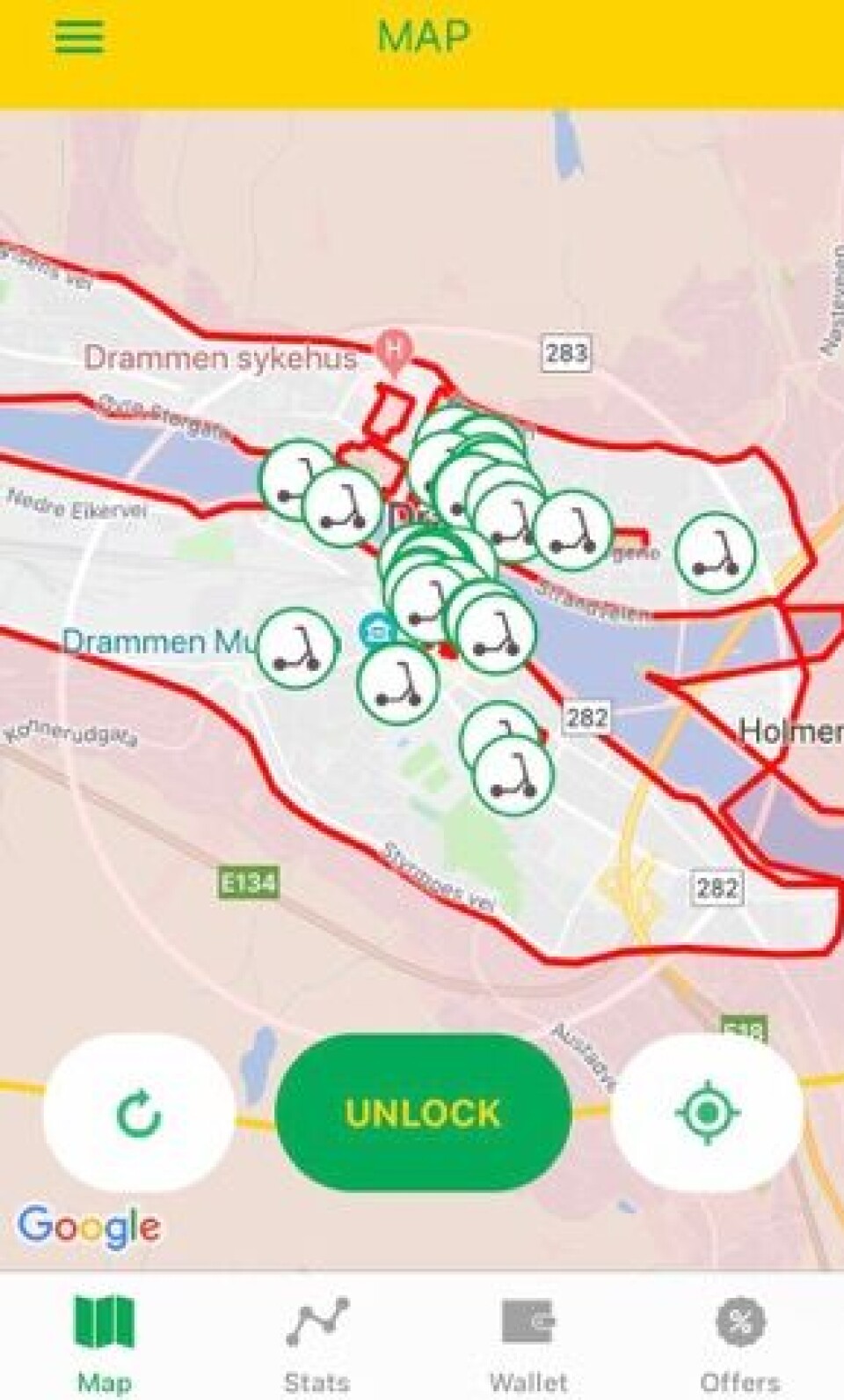 OVERSIKT: Slik ser kartfunksjonen ut i appen. Syklene med grønne ringer rundt symboliserer at de er ledige.