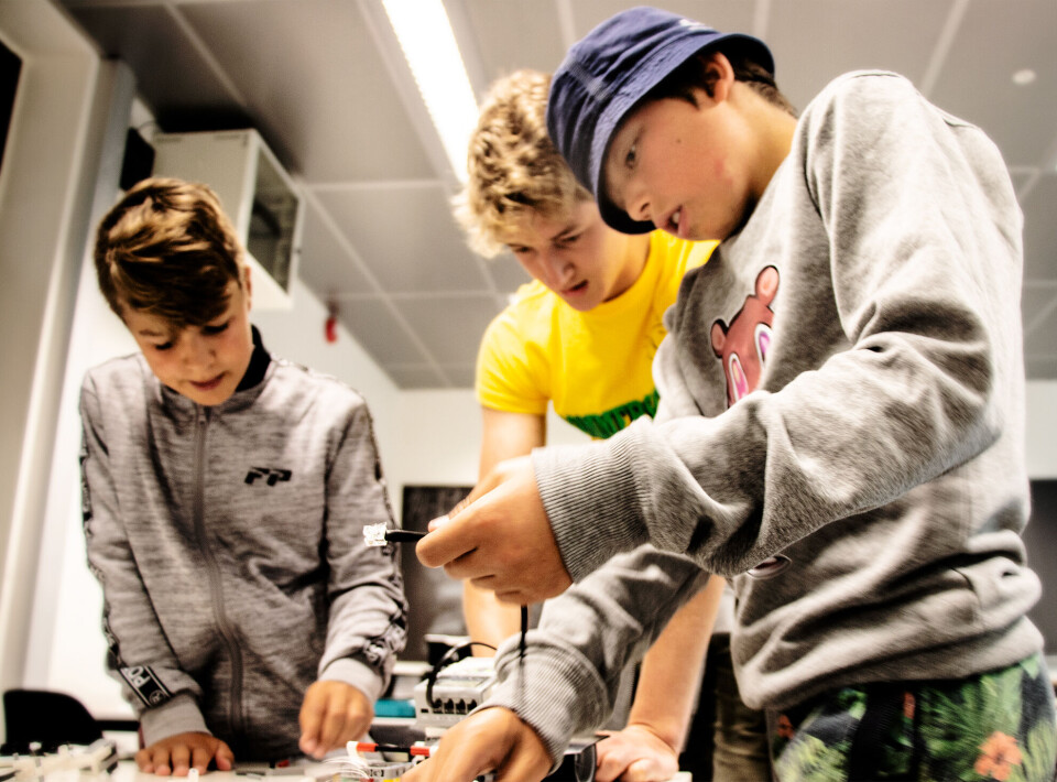 PROGRAMMERING: Fra høyre: Niklas Våge Olsen (12), Alexander Caspersen og Bødtker Lund (12).