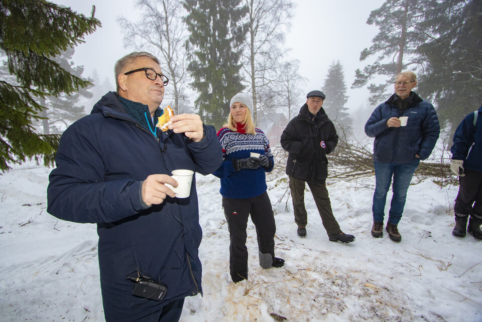 VETERAN: Tore Opdal Hansen har blitt for en veteraen å regne når det kommer til felling av julegraner, og øser her av sine kunnskaper overfor aspirant Monica Myrvold Berg.