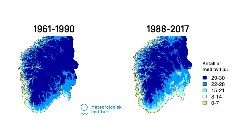Kartene er basert på nedbør- og temperaturdata for perioden 1961-1990 og 1988-2017.