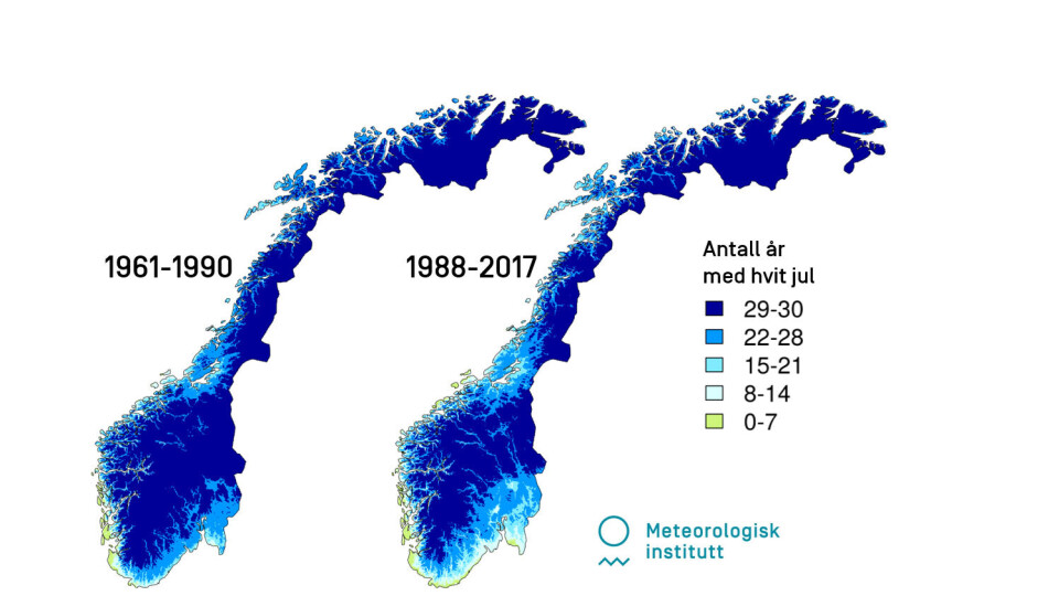 Det vedlagte snøkartet viser at det fortsatt er mer enn 50 % sjanse for hvit jul i store deler av landet. Kartet er laget på bakgrunn av data fra senorge.no, et samarbeid mellom Meteorologisk institutt, Norges vassdrags- og energidirektorat og Kartverket.
