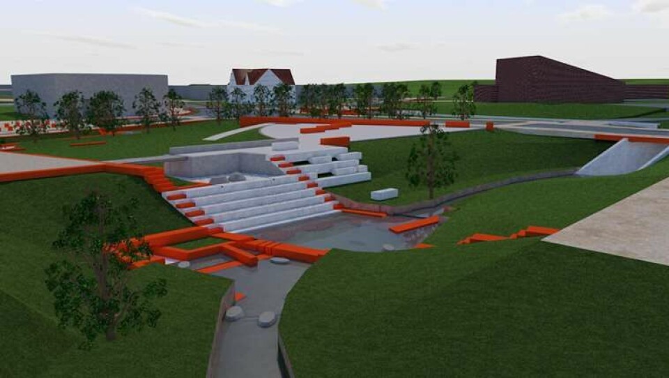 Illustrasjonen viser hvordan den nye parken kan bli. I den nye, oppgraderte parken vil det bli sitteplasser, gangstier, vannspeil og kunst. Det blir støpt grå mur og steiner som sikrer området. Disse er på illustrasjonen synliggjort i orange/rødt.