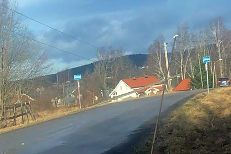 TUFTVEIEN: Strømmast har blåst ned i Skoger. (FOTO: LESERBILDE)