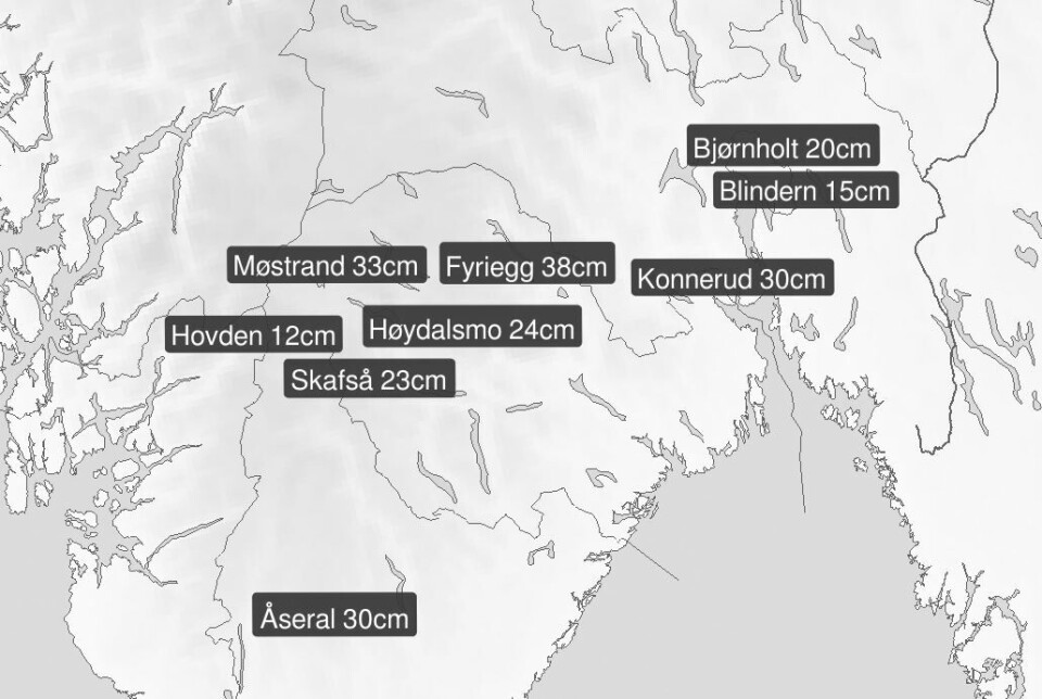 Grafikken viser de stedene det har falt med nedbør siste døgn.