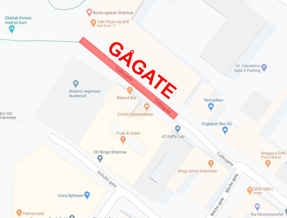 GÅGATE: Avmerket område viser delen av Tollbugata som nå har vært gågate et halvt års tid etter et politisk vedtak i fjor.