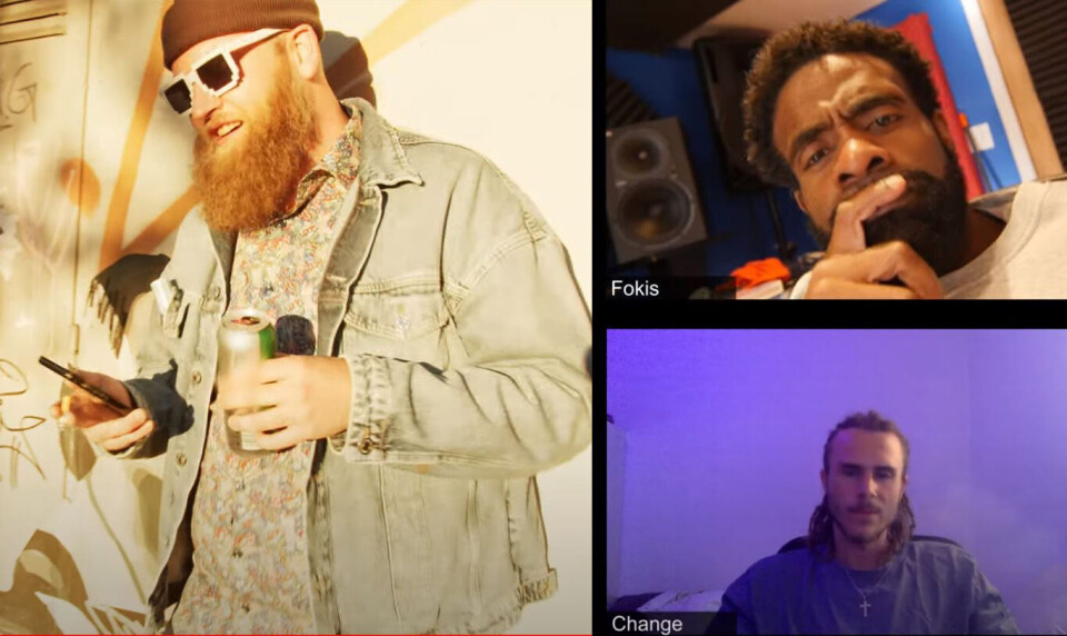 CORONA-RAP: Dette har du garantert ikke sett i Drammen. Blant de som deltar i musikkvideoen er Endre Gryting (Change) og New York-rapperen Fokis.