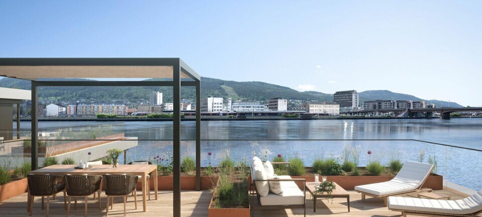 UTSIKT: Fra takterrassene får man suveren utsikt over Drammenselva. (ILLUSTRASJON: DIALOG EIENDOMSMEGLING)