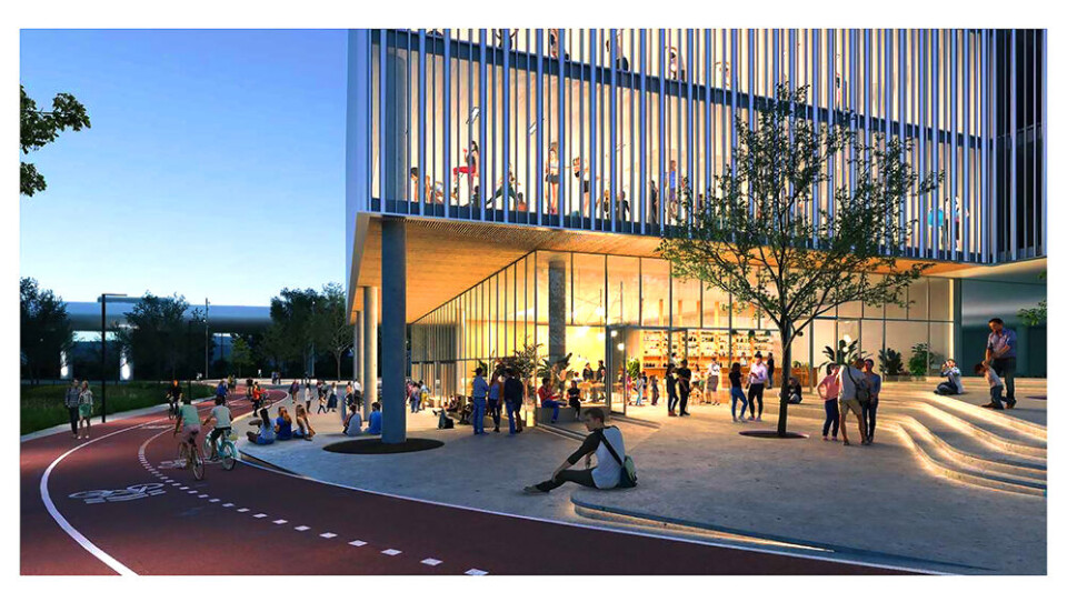 Gang- og sykkelvei forbi ny bebyggelse på Tomtegaten 64 slik en arkitekt ser det for seg.