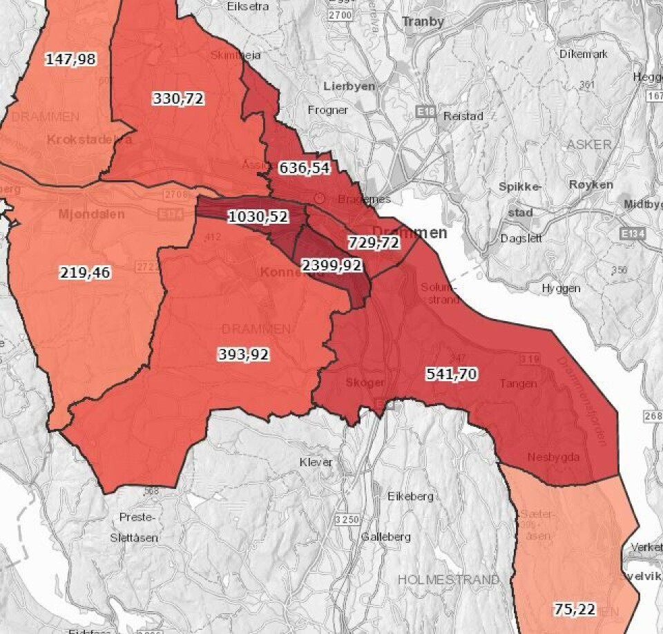 ØKER FORTSATT: Oppdaterte tall torsdag viser at andre bydeler nå synker i smitte, øker smitten fortsatt både på Fjell/Danvik/Austad og Gulskogen/Rødskog. Smitten øker også i bydelene Grønland/Marienlyst/Brandengen/Tangen og Nesbygda/Skoger/Åskollen.