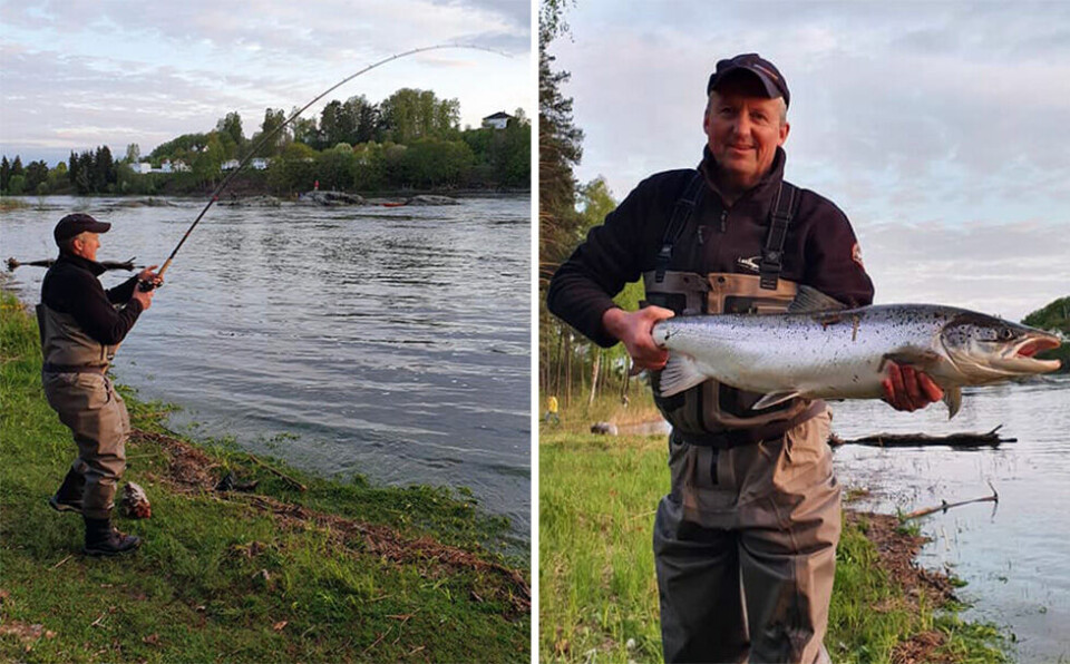 HELLEFOSSEN: Mellomlaksen på åtte kilo til Terje Clausen ble tatt på mark i rød sone i bakevja oppunder Hellefossen.